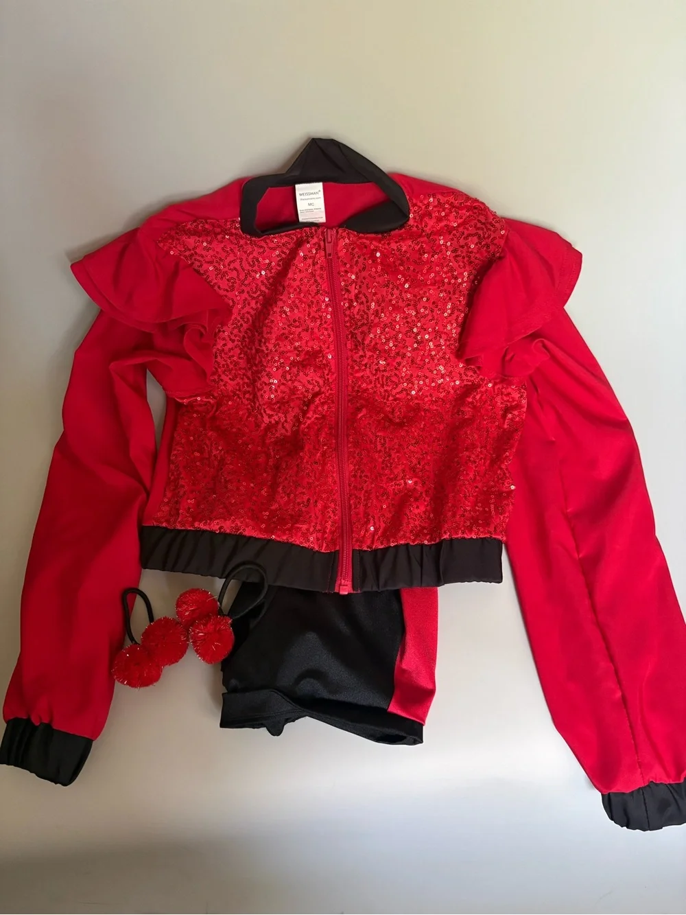 Weissman Red Sequin Dance Jacket with Black Trim and Shorts